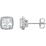 White Sapphire & Diamond Cushion Halo Stud Earrings in Gold and Platinum