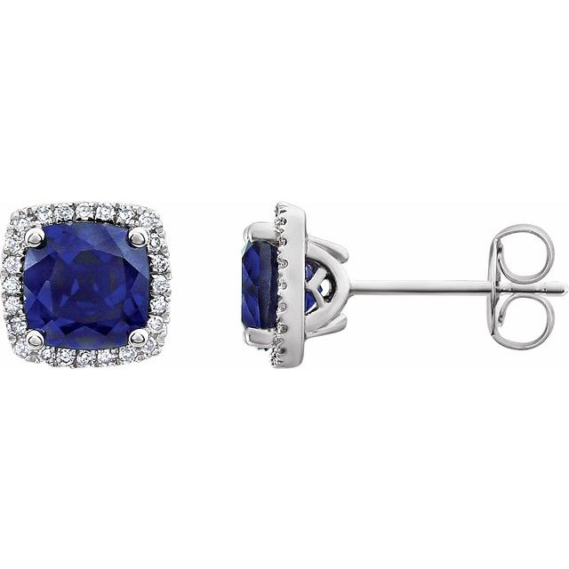 Blue Sapphire & Diamond Cushion Halo Stud Earrings in Gold and Platinum