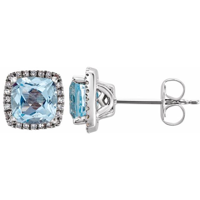 Sky Blue Topaz & Diamond Cushion Halo Stud Earrings in Gold and Platinum