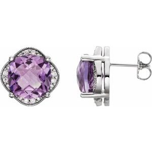 Amethyst & Diamond Cushion Stud Earrings in Gold and Platinum