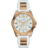 GUESS Women's Watch – Round Dial, White Silicone Strap, Rose Gold-Tone Details