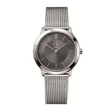 Silver Calvin Klein watch with mesh band on a white background