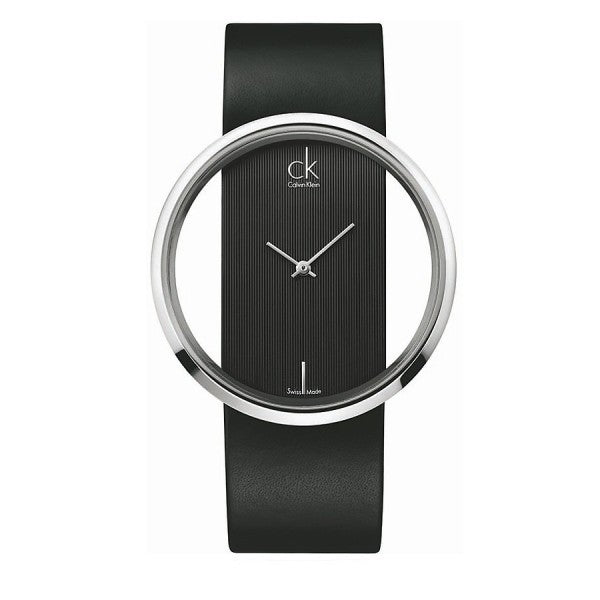 Calvin Klein Ladies Glam Watch K9423107|Silver Stainless Case|Black Leather Band