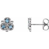 Aquamarine Round Three-Stone Stud Earrings in Gold and Platinum