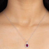 1.25Ct Ruby and Lab Grown Diamond Solitaire Halo Necklace Pendant In Silver