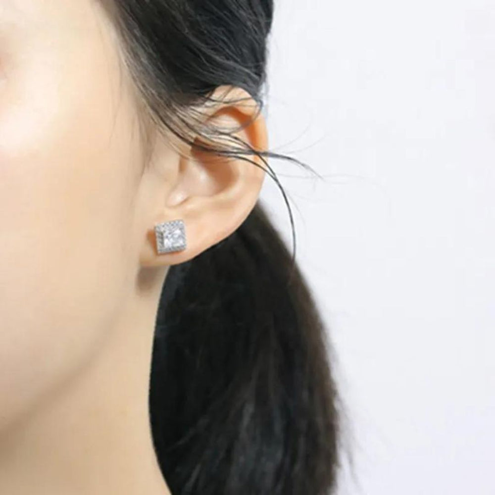 Stud Earrings with Lab Diamond Princess Solitaire Halo