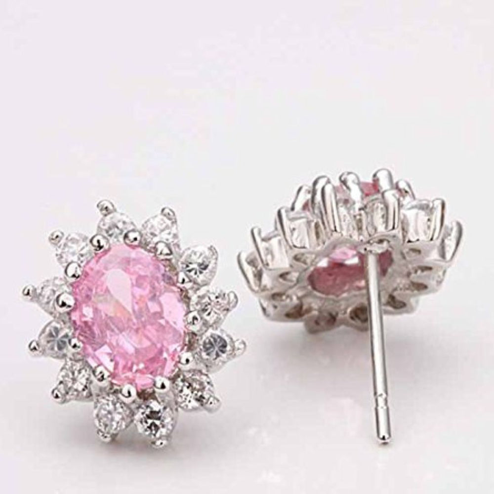 Stud Earrings with Oval Pink Sapphire and Diamond Cluster