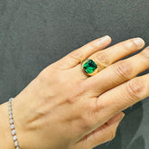 3 Carat Lab Created Solitaire Cushion Cut Emerald Gemstone Ring 18K Yellow Gold