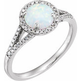 Round Lab-Grown White Opal & Diamond Halo Ring in White Gold