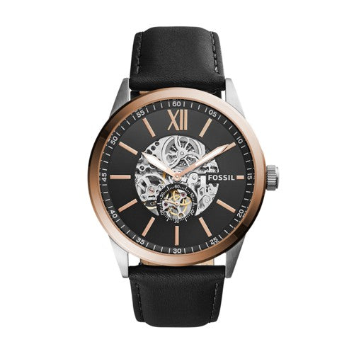 Fossil Flynn Mechanical Watch, Black Leather Strap