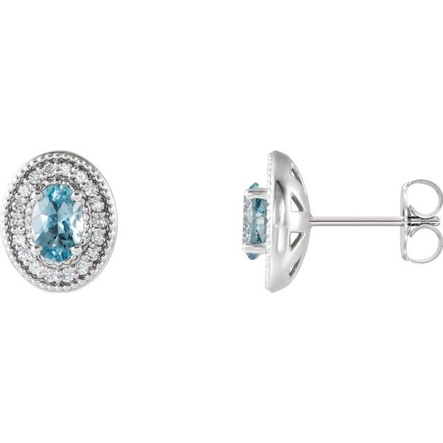 Aquamarine & Diamond Oval Halo Stud Earrings in Gold and Platinum