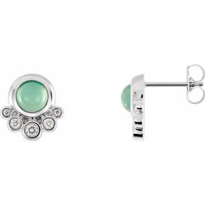 Green Chrysoprase & Diamond Round Stud Earrings in Gold and Platinum