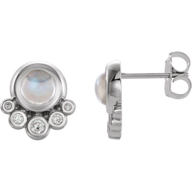 Rainbow Moonstone & Diamond Round Stud Earrings in Gold and Platinum