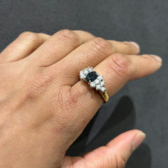 18K Yellow Gold Natural Diamond & Blue Sapphire Cluster Engagement Ring | Gemstone