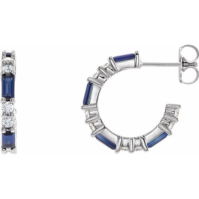 Blue Sapphire & Diamond Baguette Hoop Earrings in Gold and Platinum