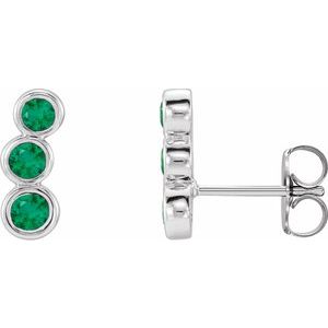 Emerald Round Three-Stone Ear Climber Earrings in Gold and Platinum
