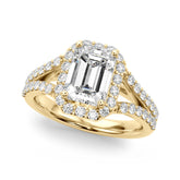 Devoted Halo Ec Center Split Shank Emerald Diamond Engagement Ring — 9K/18K Gold & Platinum