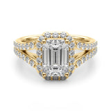Devoted Halo Ec Center Split Shank Emerald Diamond Engagement Ring — 9K/18K Gold & Platinum