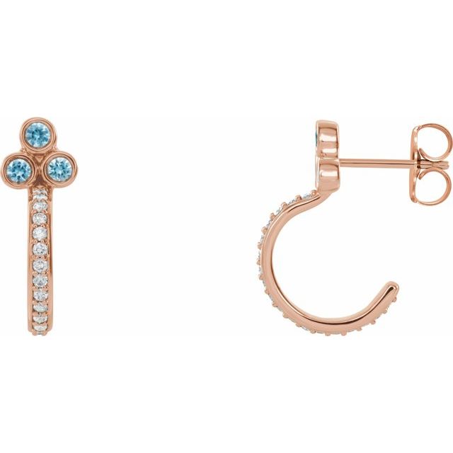 Blue Zircon & Diamond Round Bezel-Set J-Hoop Earrings in Gold and Platinum