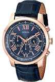 Guess Herren-Chronograph mit blauem Zifferblatt, roségoldfarbenem Gehäuse und Lederarmband