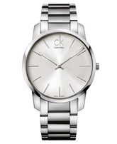 Calvin Klein watch with silver metal band on a white background