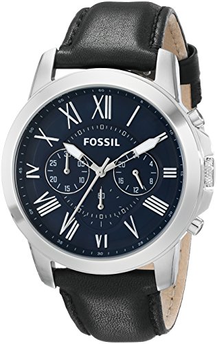 Fossil Grant Men’s Chronograph Watch – Blue Dial, Black Leather Strap, Stainless-Steel Case