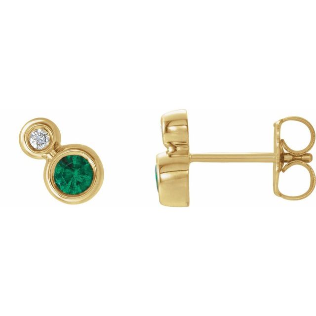 Emerald & Diamond Round Bezel-Set Stud Earrings in Gold and Platinum