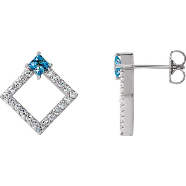 Aquamarine & Diamond Square Geometric Stud Earrings in Gold and Platinum