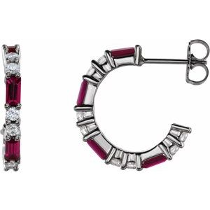 Ruby & Diamond Baguette Hoop Earrings in Gold and Platinum