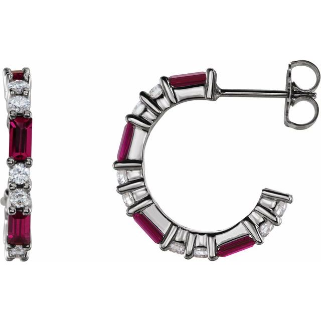 Ruby & Diamond Baguette Hoop Earrings in Gold and Platinum