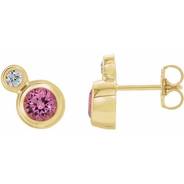 Pink Tourmaline & Diamond Round Bezel-Set Stud Earrings in Gold and Platinum