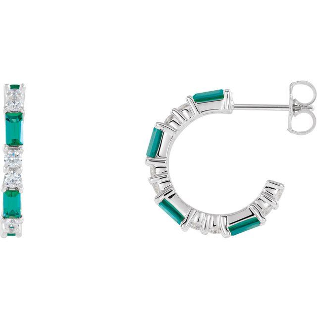 Emerald & Diamond Baguette Hoop Earrings in Gold and Platinum