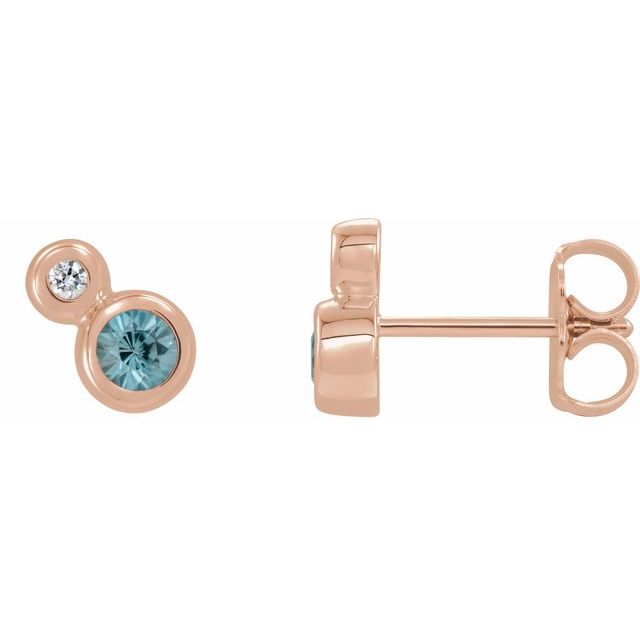 Blue Zircon & Diamond Round Bezel-Set Stud Earrings in Gold and Platinum