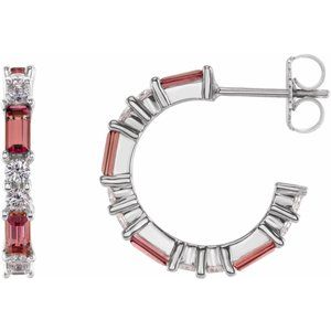 Pink Tourmaline & Diamond Baguette Hoop Earrings in Gold and Platinum