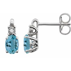 Aquamarine & Diamond Oval Stud Earrings in Gold and Platinum