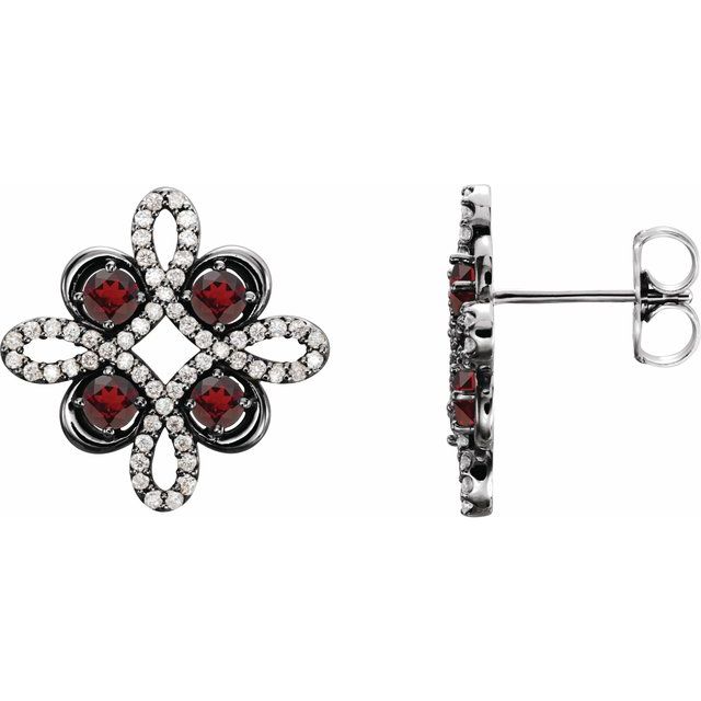 Mozambique Garnet & Diamond Round Clover Stud Earrings in Gold and Platinum