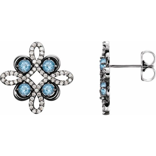 Aquamarine & Diamond Round Clover Stud Earrings in Gold and Platinum