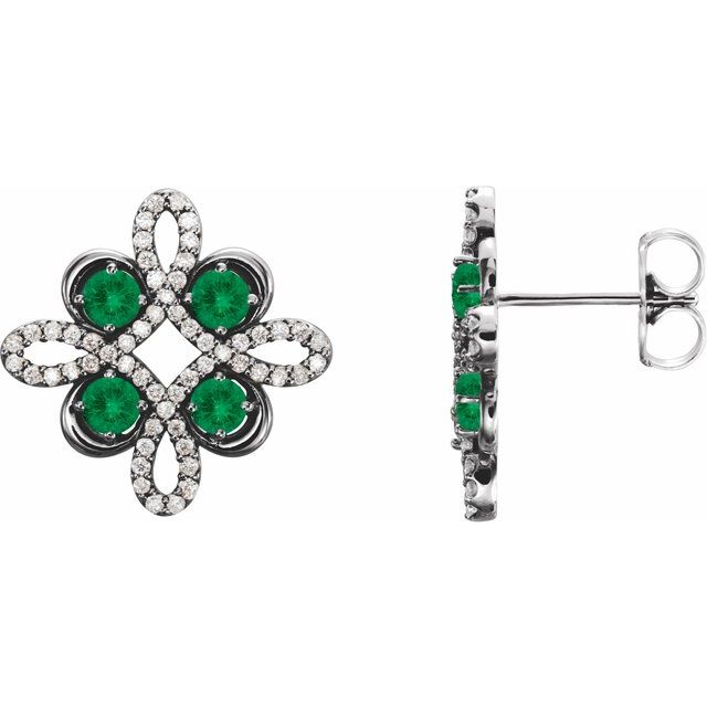 Emerald & Diamond Round Clover Stud Earrings in Gold and Platinum