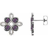 Amethyst & Diamond Round Clover Stud Earrings in Gold and Platinum