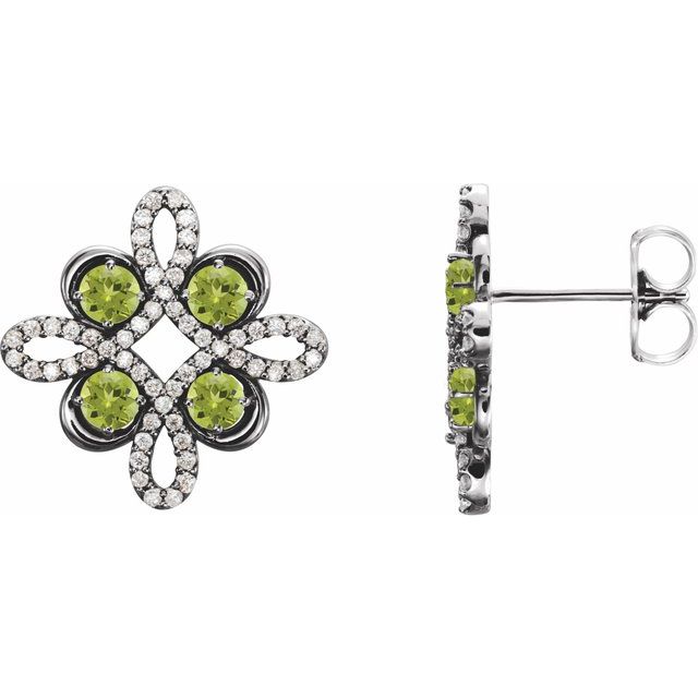 Peridot & Diamond Round Clover Stud Earrings in Gold and Platinum