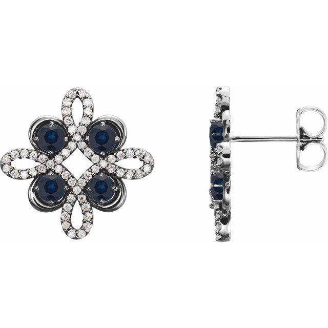 Blue Sapphire & Diamond Round Clover Stud Earrings in Gold and Platinum