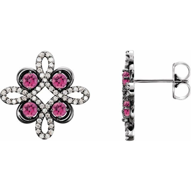 Pink Tourmaline & Diamond Round Clover Stud Earrings in Gold and Platinum