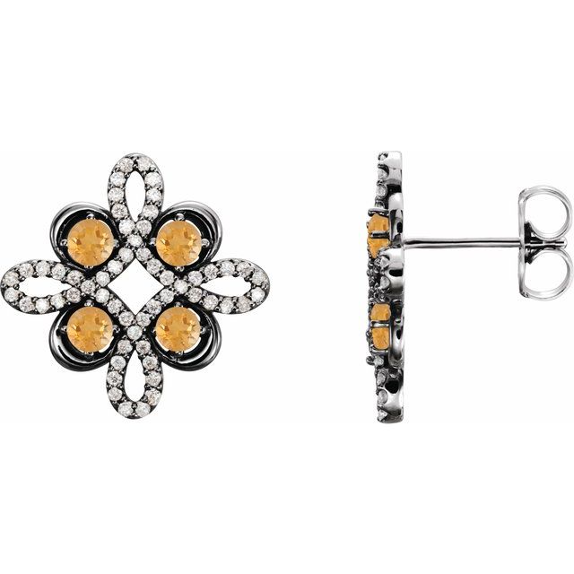 Citrine & Diamond Round Clover Stud Earrings in Gold and Platinum