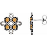 Citrine & Diamond Round Clover Stud Earrings in Gold and Platinum