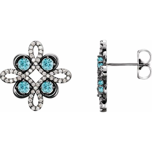 Blue Zircon & Diamond Round Clover Stud Earrings in Gold and Platinum