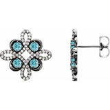 Blue Zircon & Diamond Round Clover Stud Earrings in Gold and Platinum