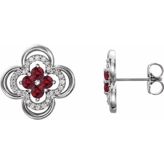 Ruby & Diamond Round Clover Stud Earrings in Gold and Platinum