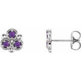 Amethyst Round Three-Stone Stud Earrings in Gold and Platinum