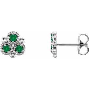 Emerald Round Three-Stone Stud Earrings in Gold and Platinum