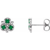 Emerald Round Three-Stone Stud Earrings in Gold and Platinum